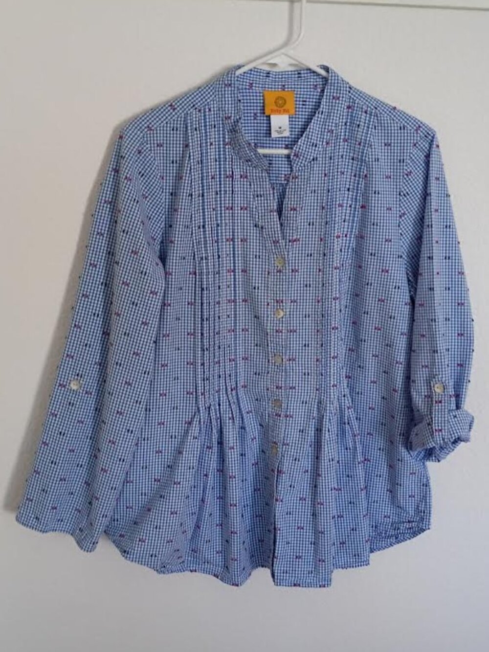 RUBY RD WOMEN'S TOP BLUE WHITE GINGHAM PLEATED BUTTONS LONG ROLL TAB SLEEVE MED